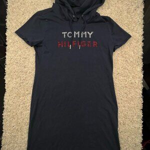 Tommy Hilfiger Women's Size M Navy Short Sleeve Hoodie Shirt Pullover Spell Out
